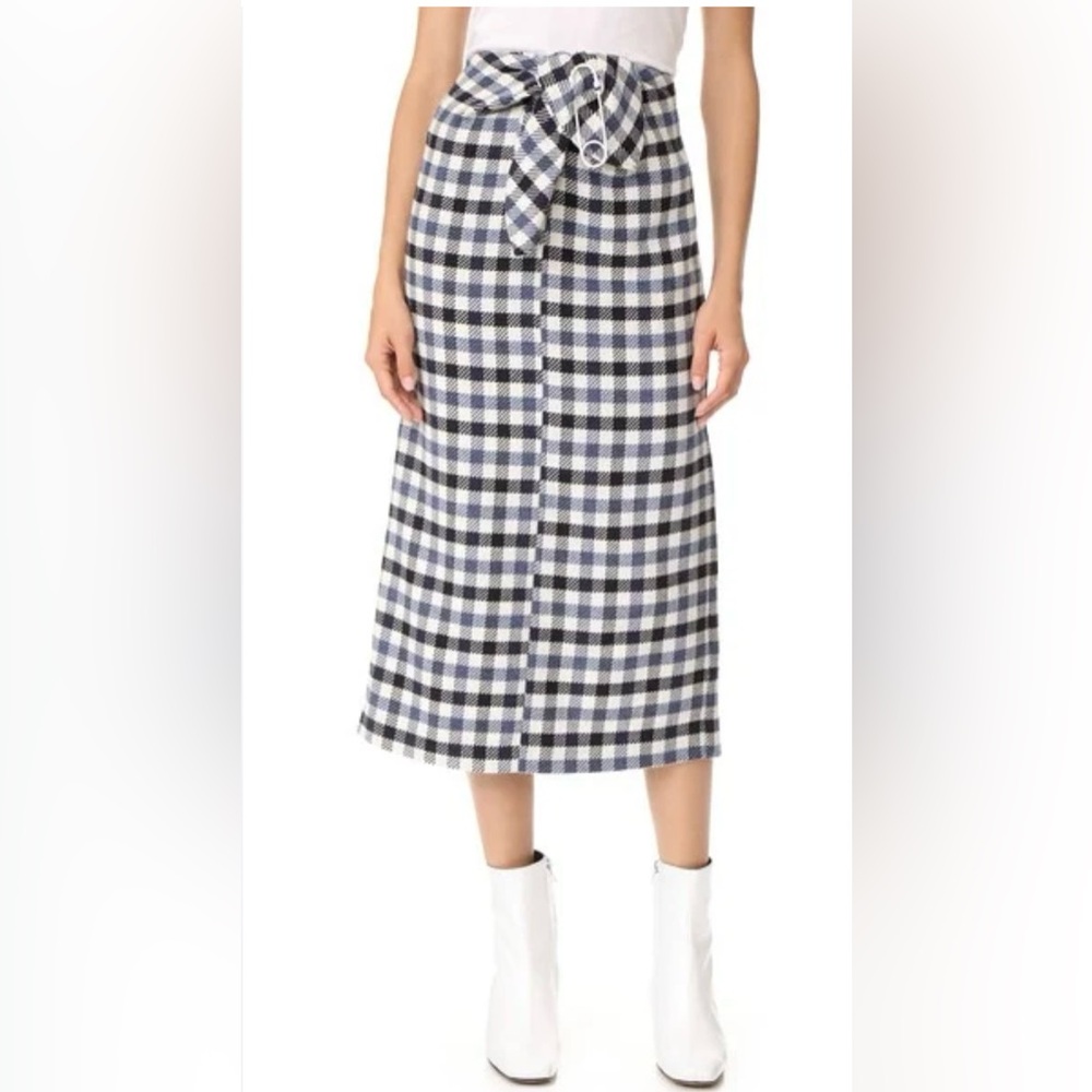Tibi Tie Front Fairfax Gingham Midi Skirt Size 6 Blue | Modern Minimalist Midi